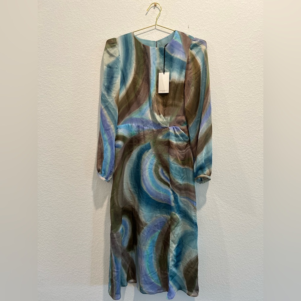 Santorelli Italy DORIA Blue Brown Abstract Swirl Long Sleeve Midi Dress